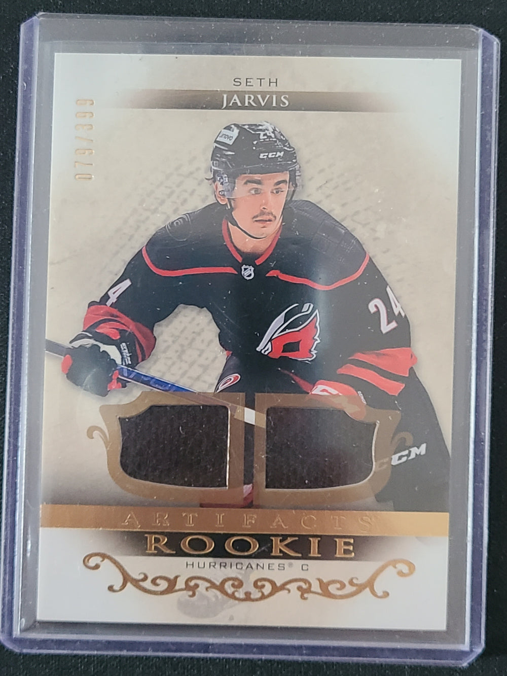 2021-22 Artifacts Rookie Dual Jersey Gold Relic #V Seth Jarvis Carolina Hurricanes 79/399