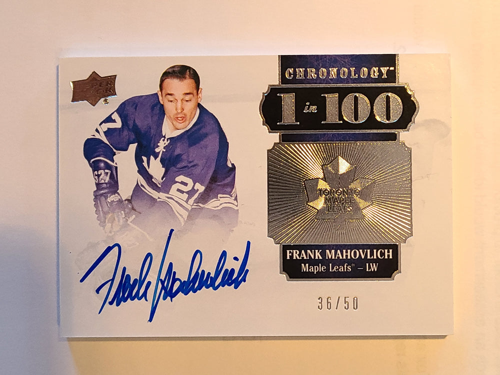 2018-19 Chronology 1 in 100 #100-FM Frank Mahovlich Toronto Maple Leafs Auto 36/50